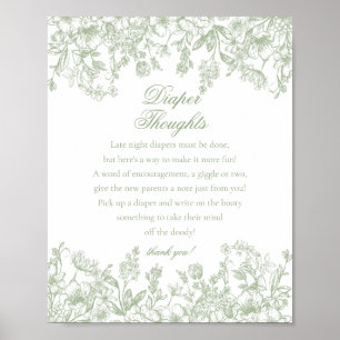 Sage Chinoiserie Flora Diaper Thoughts Baby Shower Poster