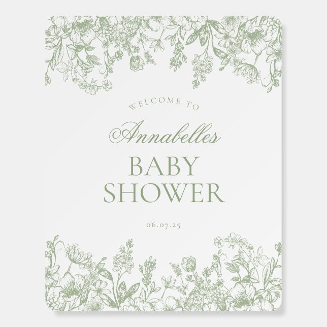 Sage Chinoiserie Floral Baby Shower Welcome Sign (Front)