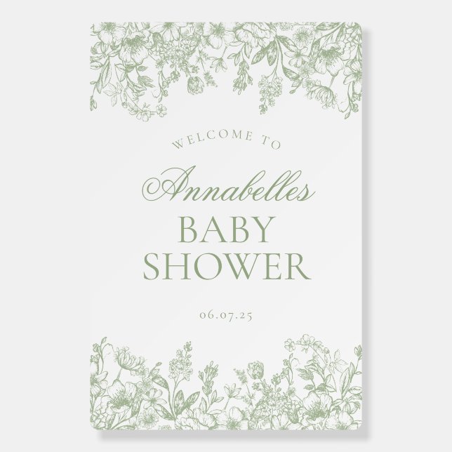 Sage Chinoiserie Floral Baby Shower Welcome Sign (Front)
