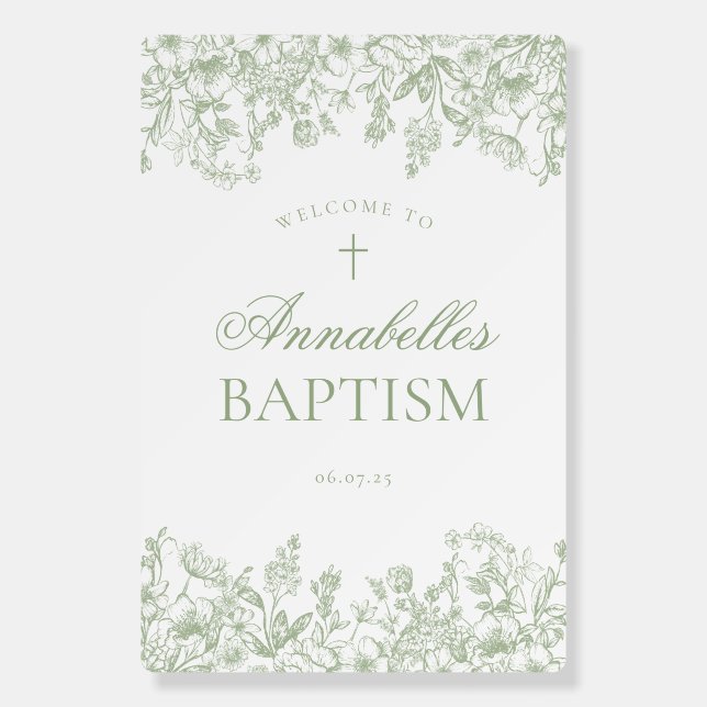 Sage Chinoiserie Floral Baptism Welcome Sign (Front)