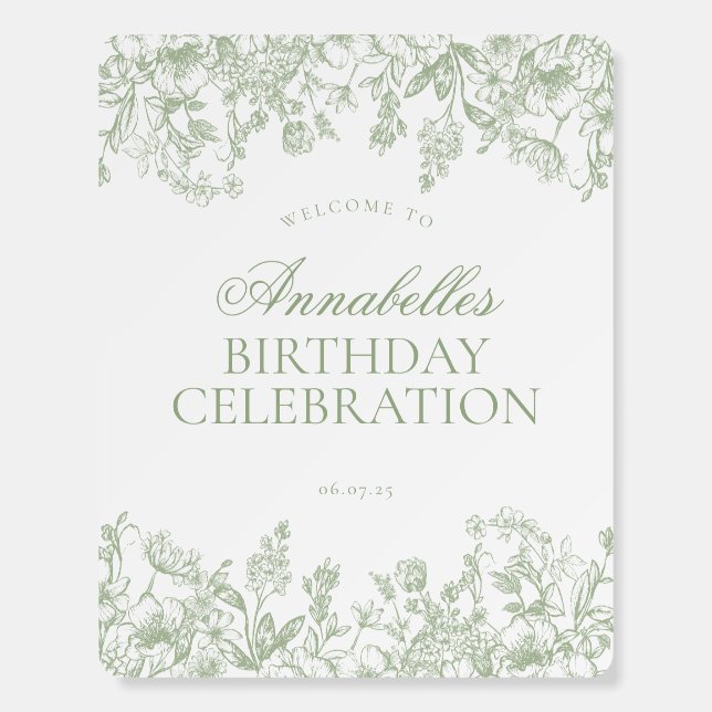 Sage Chinoiserie Floral Birthday Welcome Sign (Front)