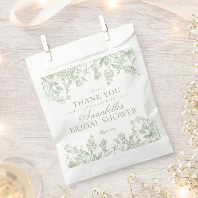 Sage Chinoiserie Floral Bridal Shower Dessert Favor Bag (Clipped)