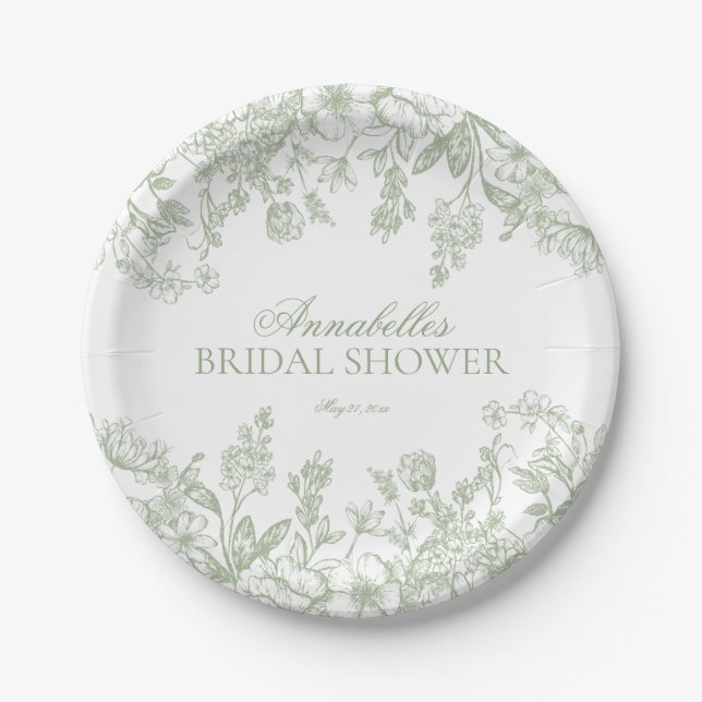 Sage Chinoiserie Floral Bridal Shower Dessert Paper Plates (Front)
