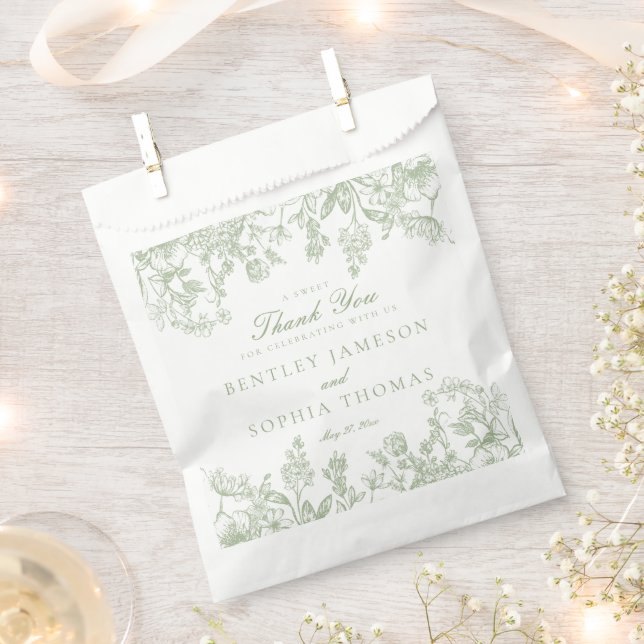 Sage Chinoiserie Floral Wedding Dessert Favor Bag (Clipped)