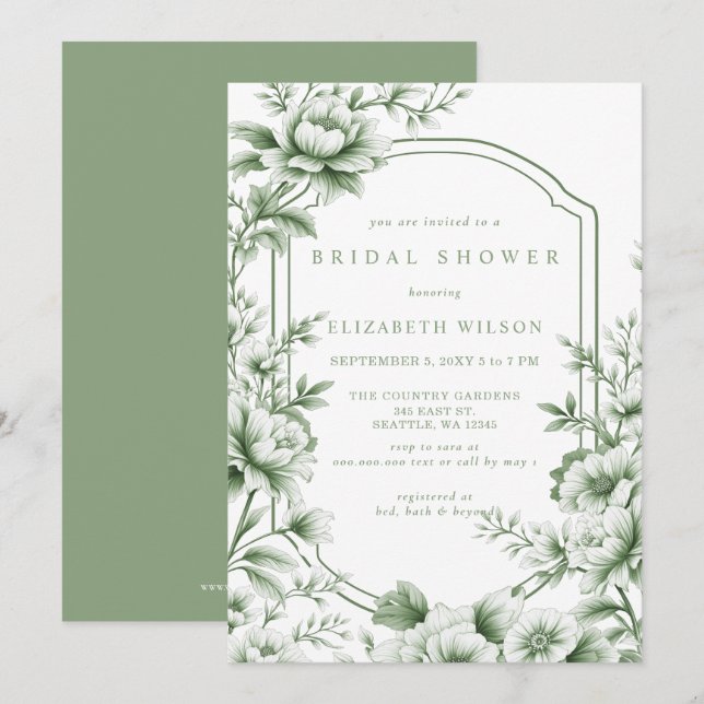 Sage Chinoiserie Toile Floral Bridal Shower Invitation (Front/Back)