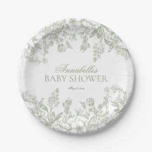 Sage Chinoiserie Vintag Floral Baby Shower Dessert Paper Plates