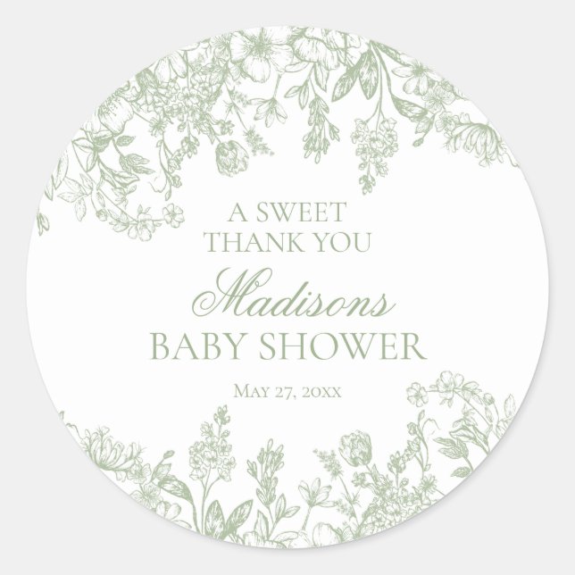 Sage Chinoiserie Vintage Floral Baby Shower Circle Classic Round Sticker (Front)