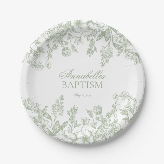 Sage Chinoiserie Vintage Floral Baptism Dessert Paper Plates (Front)