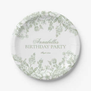 Sage Chinoiserie Vintage Floral Birthday Dessert Paper Plates