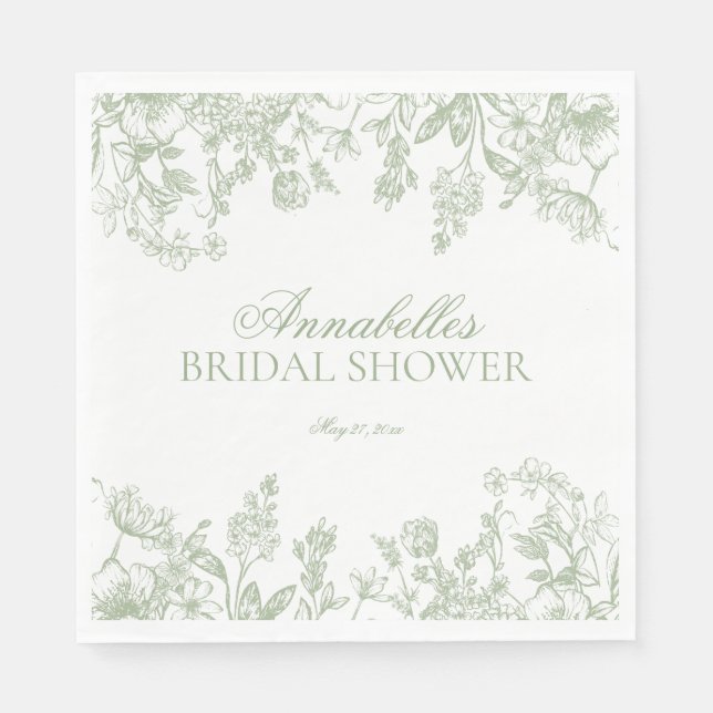 Sage Chinoiserie Vintage Floral Bridal Shower Napkins (Front)