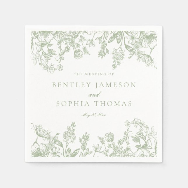 Sage Chinoiserie Vintage Floral Wedding Dessert Napkins (Front)
