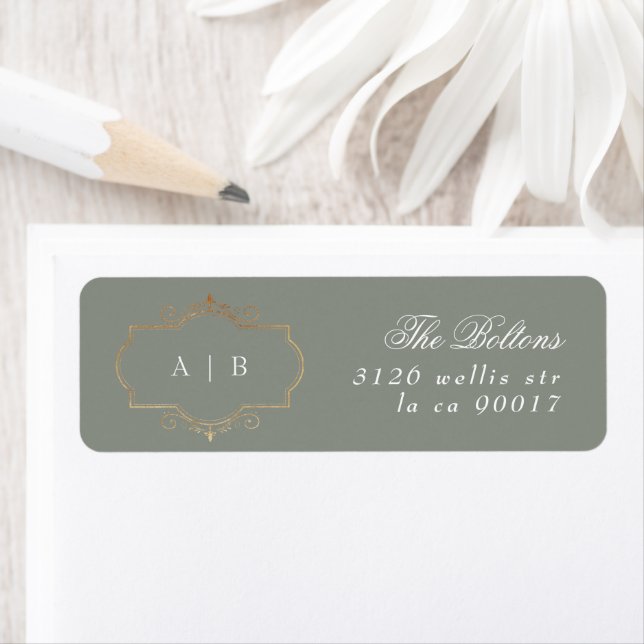 sage classic traditional gold monogram wedding label (Insitu)
