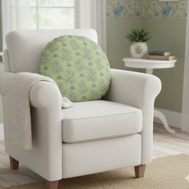 Sage Classic Vintage Simple Flower Pattern  Round Pillow (Creator Uploaded)
