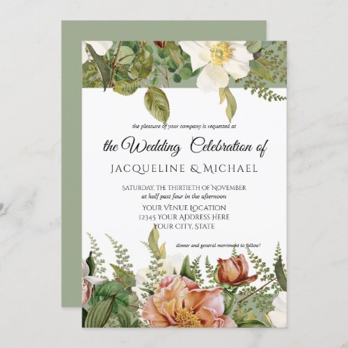 Sage Coral n Blush Floral Ivory Peony Rose Wedding Invitation