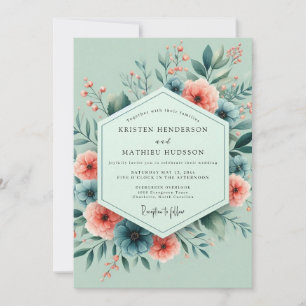 Sage Coral Whimsical Bloom Wedding Invitation