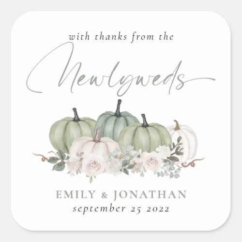 Sage Cream Pumpkins Florals Thanks from Newlyweds Square Sticker