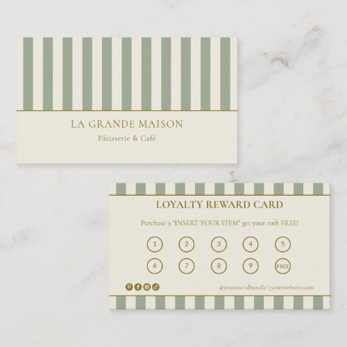 Sage & Cream Stripes French Bakery Loyalty Punch  Business Card