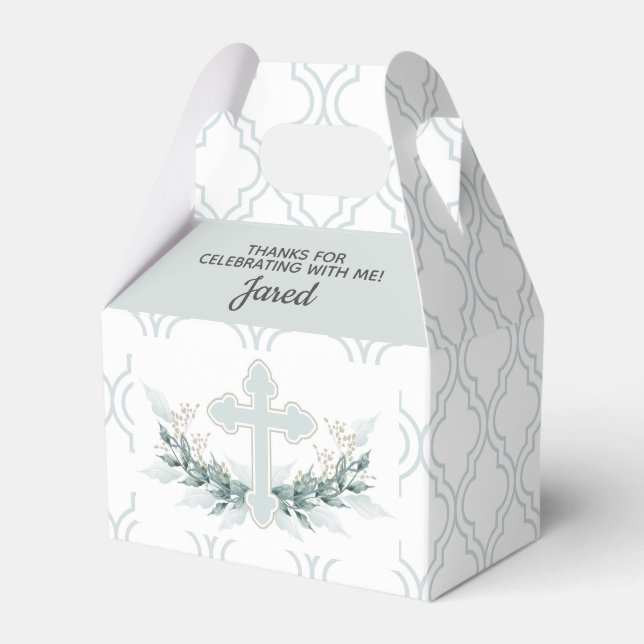 Sage Cross on Quatrefoil Party Favor Box (Front Side)