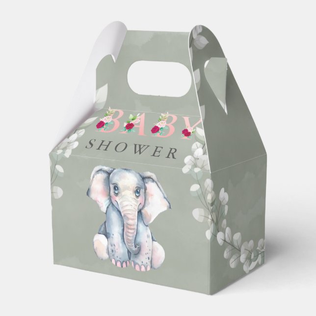 Sage Cute Elephant Eucalyptus Pink Baby Shower  Favor Boxes (Front Side)
