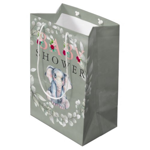 Sage Cute Elephant Pink Floral Baby Shower  Medium Gift Bag