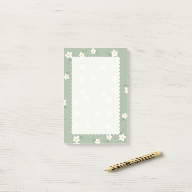 sage Daisy Floral Sticky Notes | Cute Botanical (On Desk)