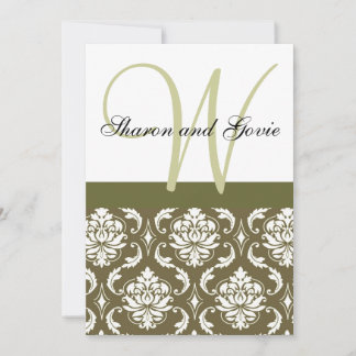 Sage Damask Monogram Names Wedding Invitation