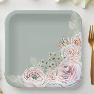 Sage Delicate watercolor flower palepink Birthday Paper Plates