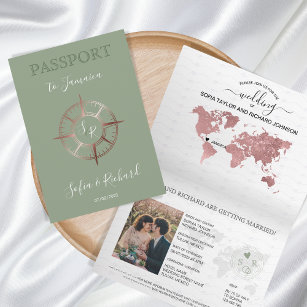 Sage Destination Passport  Rose Gold Compass Invitation