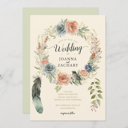 Sage Dreamcatcher Boho Watercolor Floral Wedding Invitation