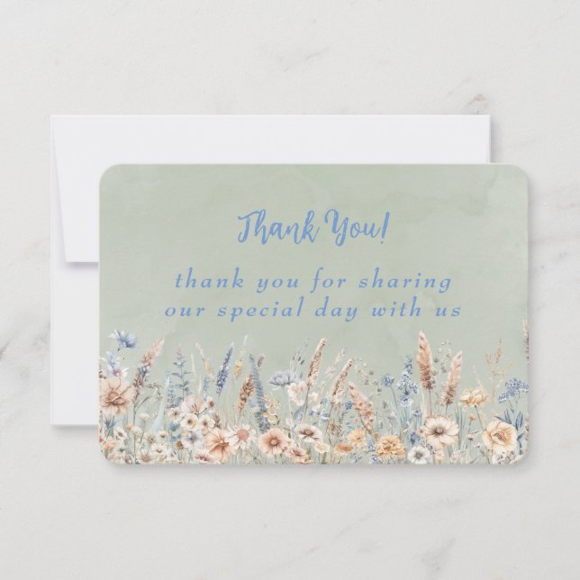 Sage Dusty Blue Peony Watercolor Wedding Thank You (Front)