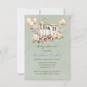 Sage Dusty Blue Train Boy Baby Shower Invites