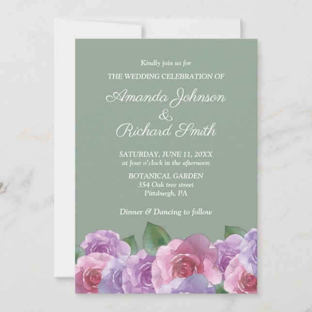 Sage Dusty Pink Purple Floral Wedding  Invitation (Front)