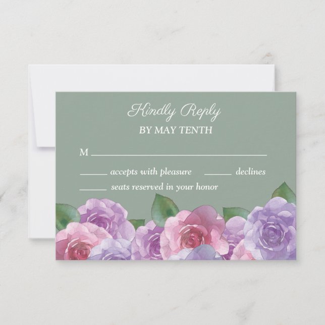 Sage Dusty Purple Pink Floral Wedding  RSVP Card (Front)