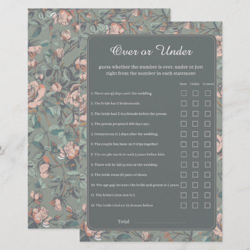 Sage Dusty Rose Bridal Shower Over Under Game