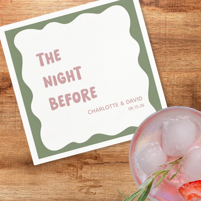 Sage & Dusty Rose Modern Wavy Fun Rehearsal Dinner Napkins (Add a vintage touch to your rehearsal dinner with these 'The Night Before' napkins in sage & rose.)