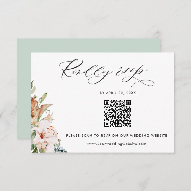Sage, Earthy Blooms QR Code Rsvp Online Wedding Enclosure Card (Front/Back)