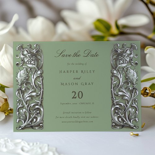 Sage Elegance Art Nouveau Save the Date Card