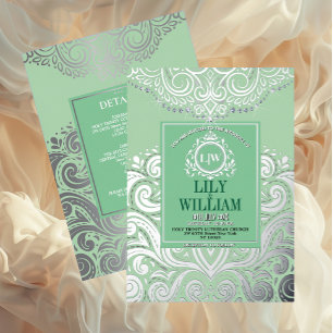 Sage Elegant Artdeco Diamond Monogram Wedding Foil Invitation