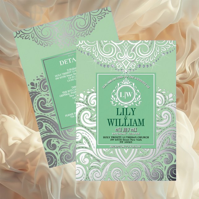 Sage Elegant Artdeco Diamond Monogram Wedding Foil Invitation (Luxurious Elegant Classic Boho Wedding Invitation - Real Foil and Monogram)