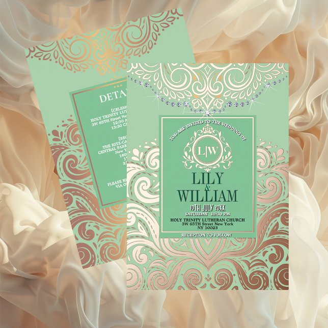 Sage Elegant Artdeco Diamond Monogram Wedding Foil Invitation (Luxurious Elegant Classic Boho Wedding Invitation - Real Foil and Monogram)