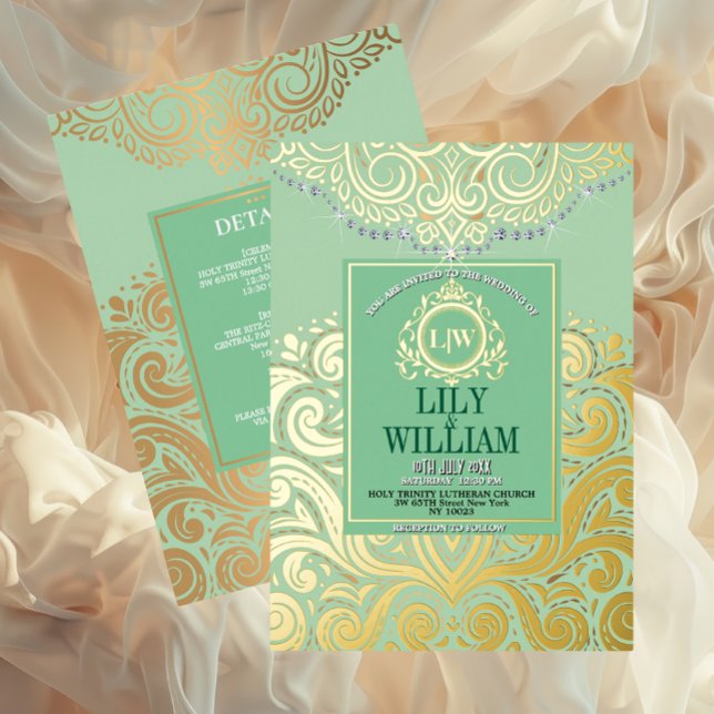 Sage Elegant Artdeco Diamond Monogram Wedding Gold Foil Invitation (Luxurious Elegant Classic Boho Wedding Invitation - Real Foil and Monogram)