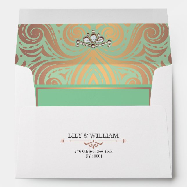 Sage Elegant Artdeco Diamond Rose Gold Wedding Envelope (Back (Bottom))