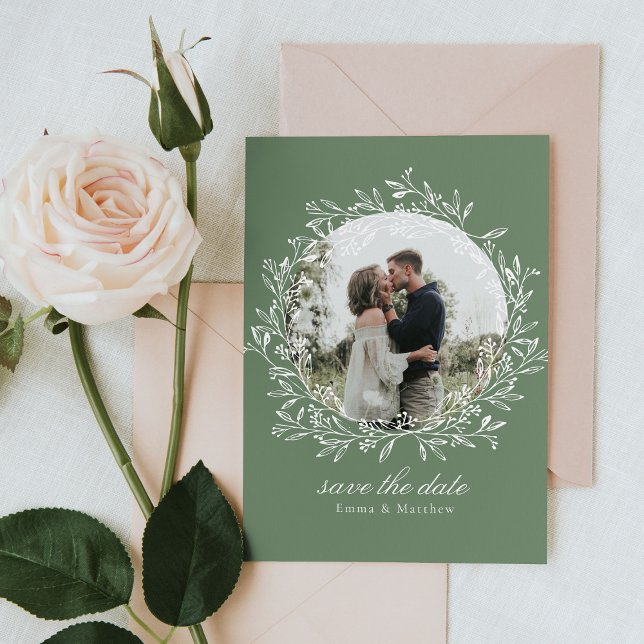 Sage Elegant Botanical Line Wreath Photo & QR Save The Date (Sage green wedding invitation with elegant white botanical wreath - mockup Image by rawpixel.com)