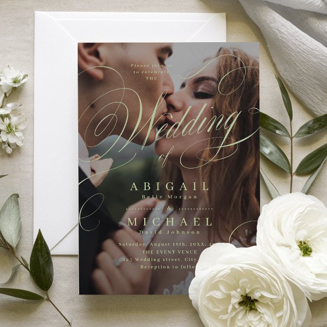 Sage elegant classic calligraphy photo wedding  invitation (Sage elegant classic calligraphy photo wedding invitation)