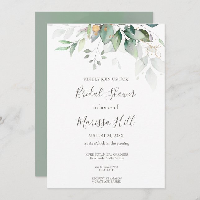 Sage Elegant Eucalyptus Bridal Shower  Invitation (Front/Back)