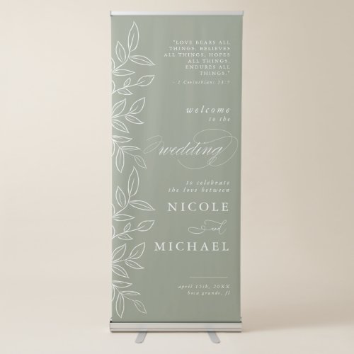 Sage Elegant Leaf Bible Verse Wedding Welcome Retractable Banner