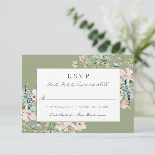 Sage Elegant Watercolor Floral Border Wedding RSVP Card
