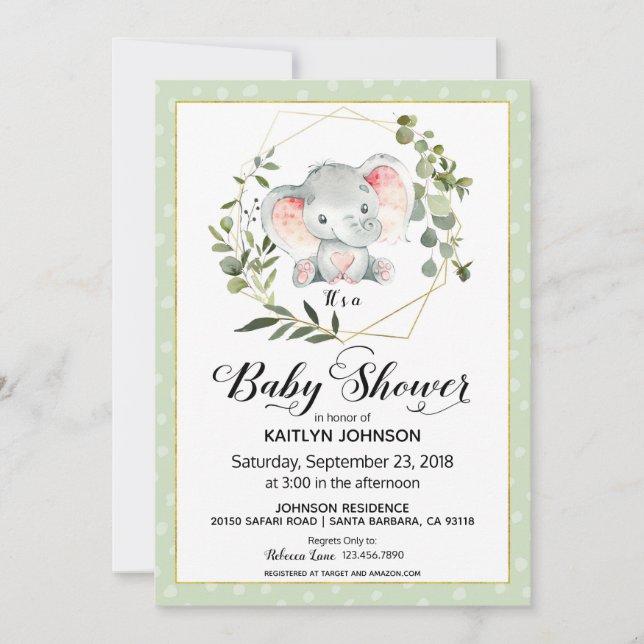 Sage Elephant Modern Baby Shower Invitation (Front)