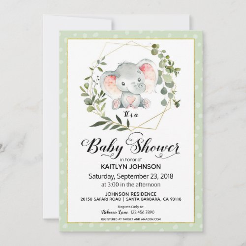 Sage Elephant Modern Baby Shower Invitation