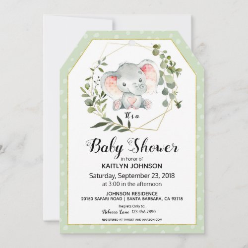 Sage Elephant Modern Baby Shower Invitation